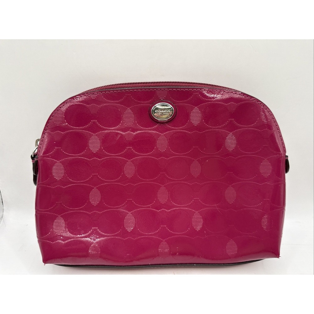 Coach Signature MakeUp Bag Orange Patten Leather Cranberry Patent Zip Closure